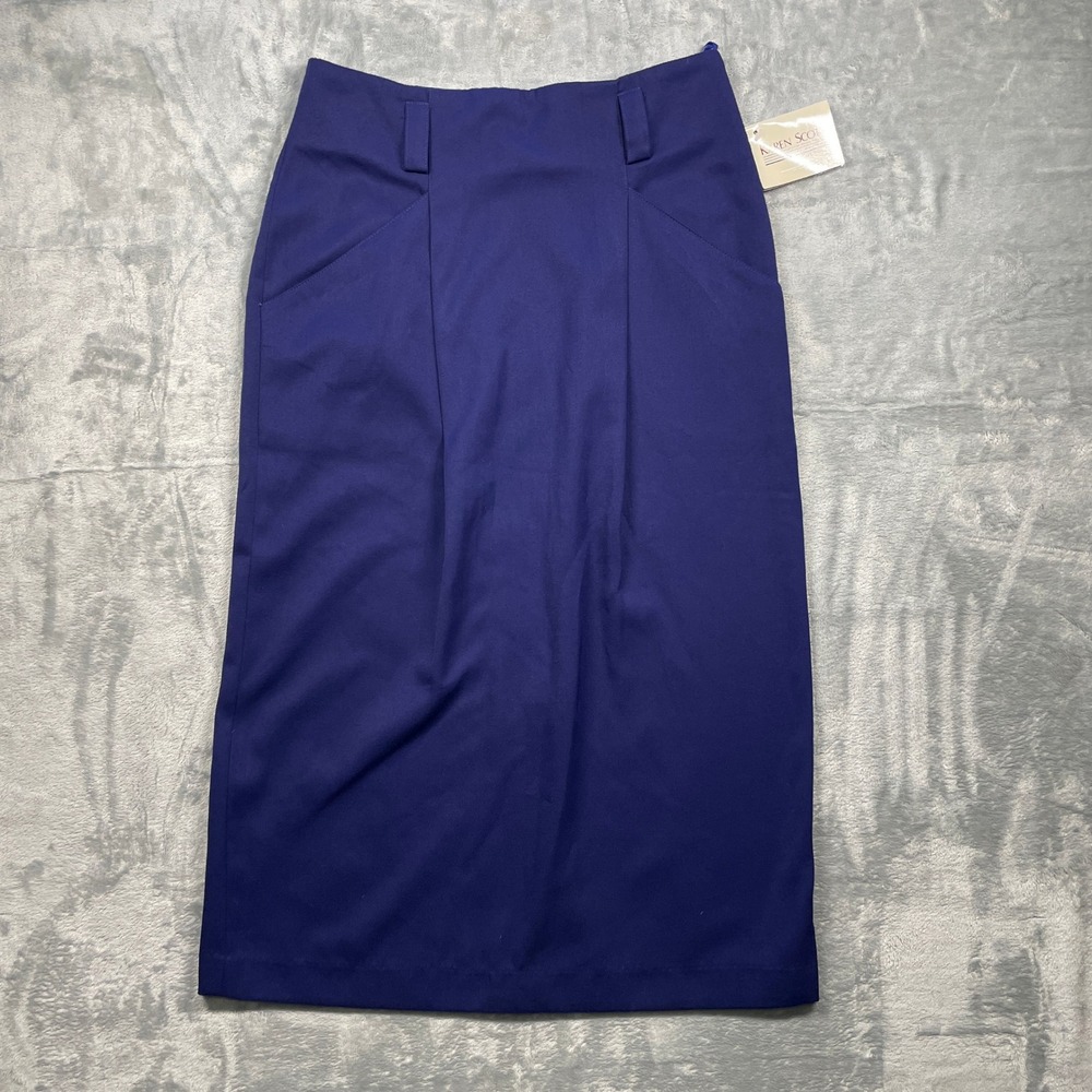 Karen Scott Women Blue‎ Midi Pencil Skirt Pleated Front Office Career Size 12